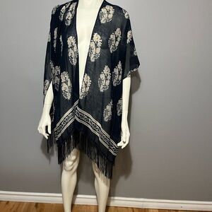 George Navy Blue shawl / Wrap with Cream Floral Medallions and Fringe